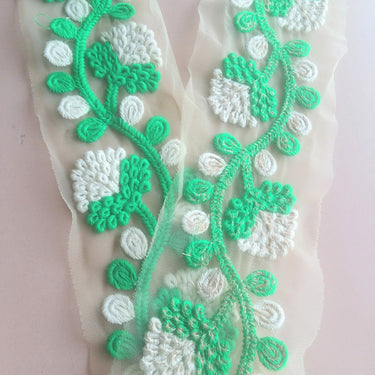 Beige Net Lace Trim With White And Coral / Yellow / Pink / Green / Black Embroidery, Approx. 85mm wide - 200317L257/58/59/60/61
